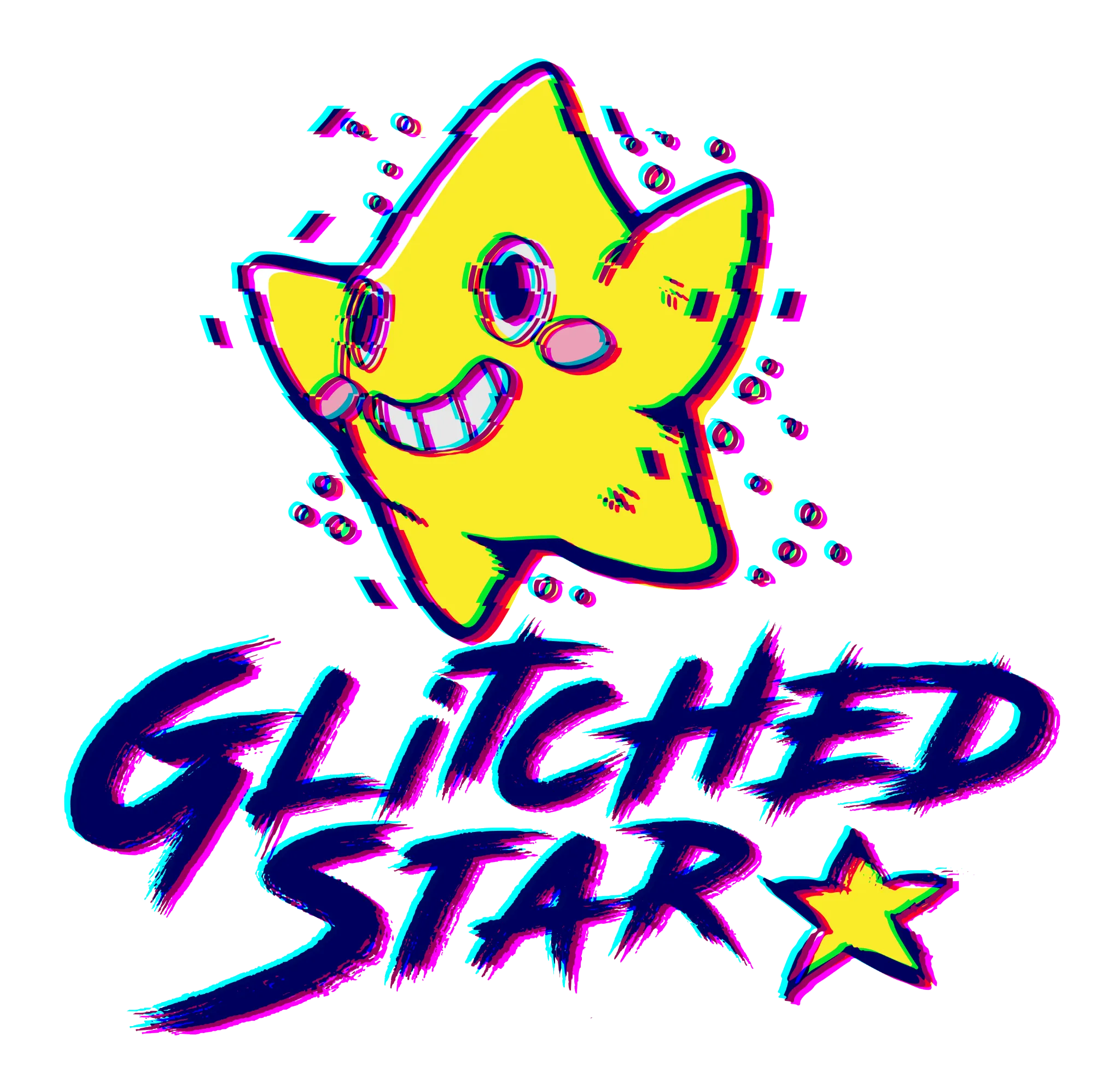 Glitched Star — smiling yellow star mascot with cyan and magenta glitch accents